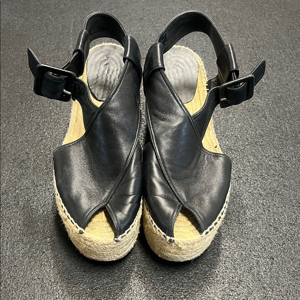 Celine Black Leather Espadrille Wedge Sandals